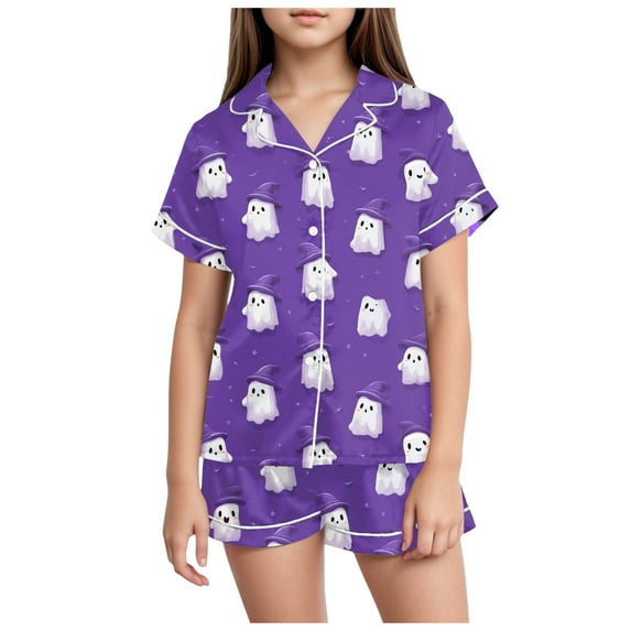 Caqnni Halloween Pjs Girls Satin Pajamas Set Pumpkin Print Short Sleeve Button-Down Shirt and Shorts 2 Piece Sleepwear Halloween Pjs Girls (8-9 Years,Purple)