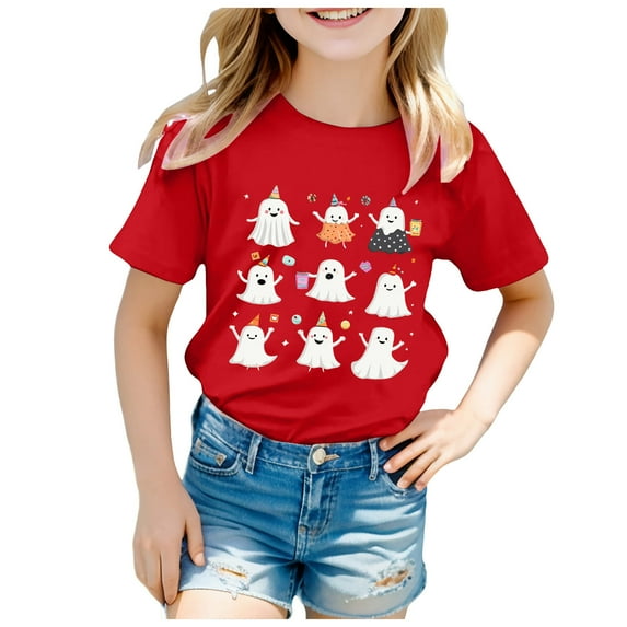 Caqnni Halloween Shirt Toddler Ghouls T-Shirt Boys Girls Ghost Graphic Tee Kids Spooky Tops Halloween T-Shirt (120,Red)