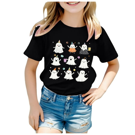 Caqnni Halloween Shirt Toddler Ghouls T-Shirt Boys Girls Ghost Graphic Tee Kids Spooky Tops Halloween T-Shirt (140,Black)