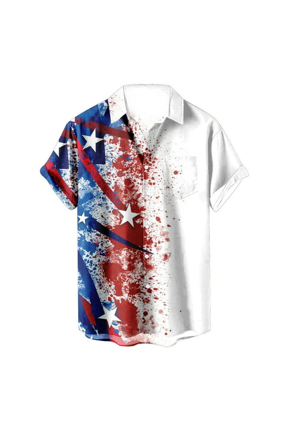 Hawaiian Shirt 4th of July Short Sleeve Casual Button up Shirts USA Flag Printed 2023 Independence Day Patriotic Top(White,M)