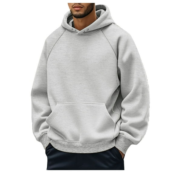 Caqnni Hoodies for Men Hoodie Drawstring Casual Long Sleeve Pocket Hooded Sweatshirts Solid Color Pullover (L,Grey)