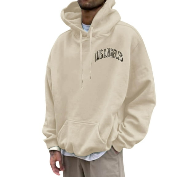Caqnni Hoodies for Men Loose Letter Graphic Hooded Sweater Top Mens Print Sweater (L,Z092-Beige)