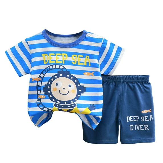 Caqnni Baby Boy Summer Clothes Contrast Color Sleeveless Short Sleeve T Shirts Shorts Cute Toddler Cartoon Print Outfits Children's Day Gift 2PCS Set (Blue,3-9 Months)