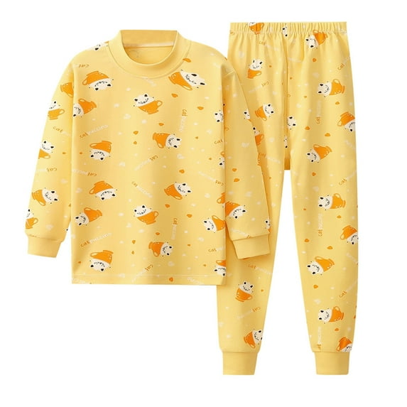Caqnni Boy Fall-Winter Pajama Outfits Pants Sets Long Sleeve Checke Pattern Lapel Button Shirt Tops Elastic Pants 2PCS Pajama Set (Yellow,10-12 Years)