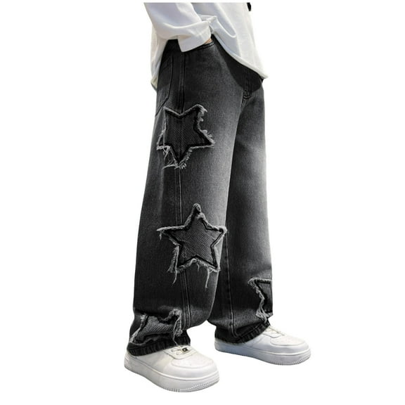 Caqnni Kids Boys Casual Baggy Wide Leg Denim Pants Elastic Waist Casual Jeans Age 5-14 Teen Boys Pants Boys 5-7 Years