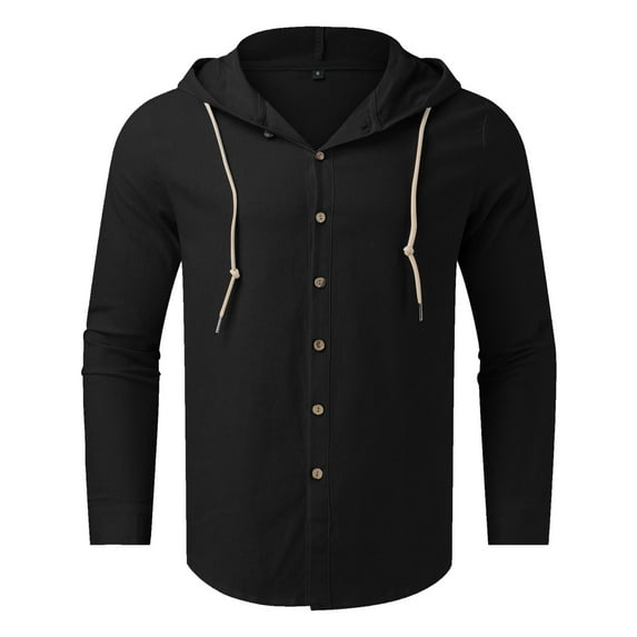 Caqnni Linen Shirts for Men Long Sleeve with Hood Button Up Tops Hoodies Lightweight Summer Beach Vacation Casual T-Shirts (Black,XXL)