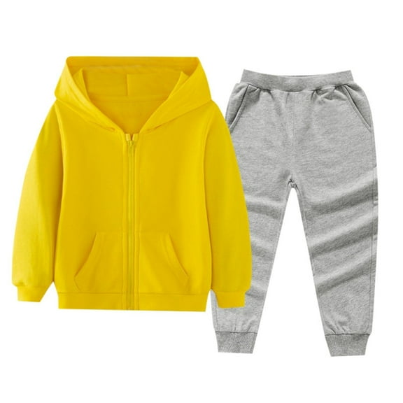 Caqnni Little Boy Girl Fall Winter Outfit Solid Color Zip up Hoodie Long Sleeve Sweatshirt Pullover Top Pants 2PCS Clothes Set (Light Yellow,5-6 Years)
