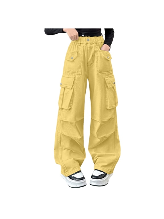 Girls Little Girlss Cargo Pants Elastic Waist Lightweight Outdoor Jogger Pants Y2K Parachute Pants for Fall and Winter Jeans Baggy Pants Dancing Baggy Pants,Yellow,8-9 Years