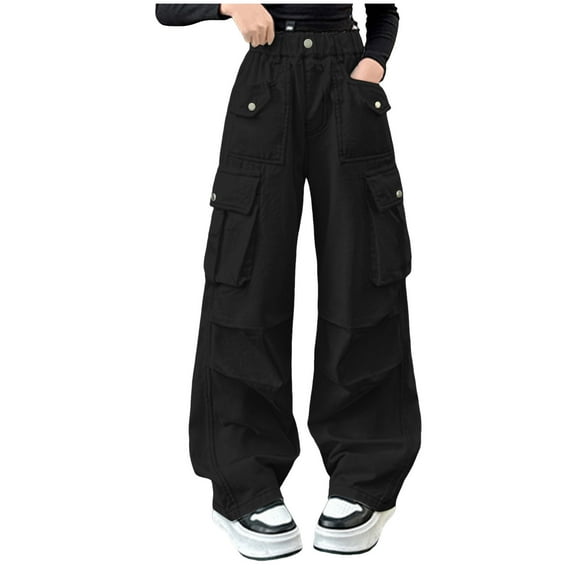 Caqnni Little Girls Cargo Pants Elastic Waist Cargo Jogger Pants with Pockets Y2K Parachute Pants Jeans Baggy Pants Casual Wide Leg Cargo Pants,Black,10-11 Years