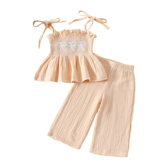 Caqnni Little Kids Girl Summer Outfit Sleeveless Tied Flower Print Cami Tank Tops Elastic Shorts Toddler 2Pcs Clothes Set Pajamas Set Beige 6-9 Months