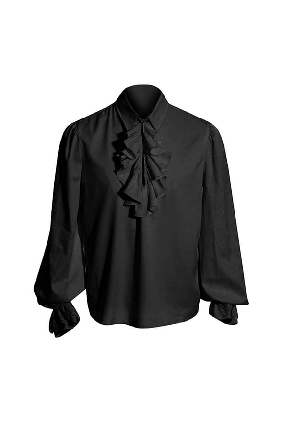 Long Sleeve Vintage Court Shirt for Mens Lace-Up Lapel Tops 2024 Drama Stage Blouses Tops Vintage Performances Clothing Shirts (Black,L)