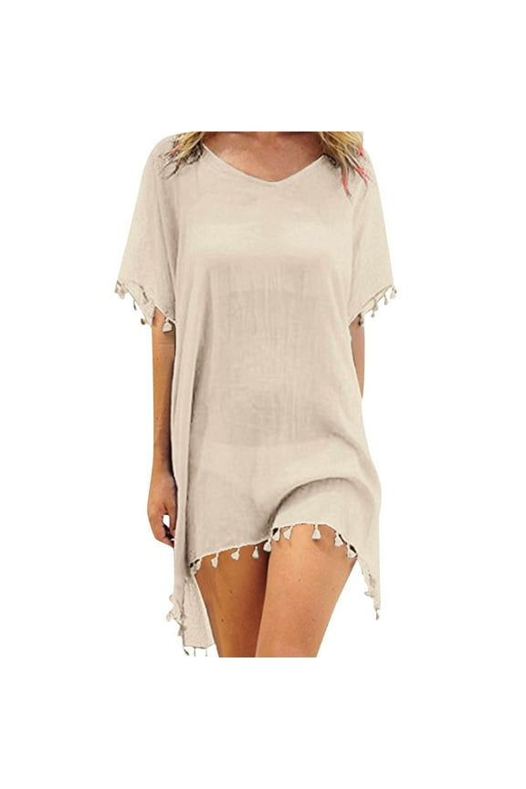Loose Fit Women’s Beach Cover-Up with Chiffon Tassels, Plus Size Swimsuit Cover-Up Dress, Stylish, Light and Breezy for Hot Summer Days at the Beach (Khaki,One Size)
