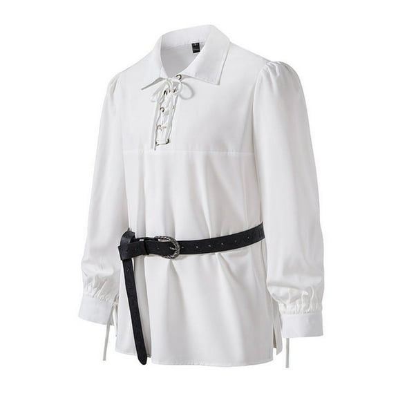 Caqnni Male Vintage Lace Shirt Hem Stand Collar Long Sleeve Shirt Blouse Fitted Dress Vintage Performances Clothing Shirts Prince's Shirt Role-Playing (White,S)