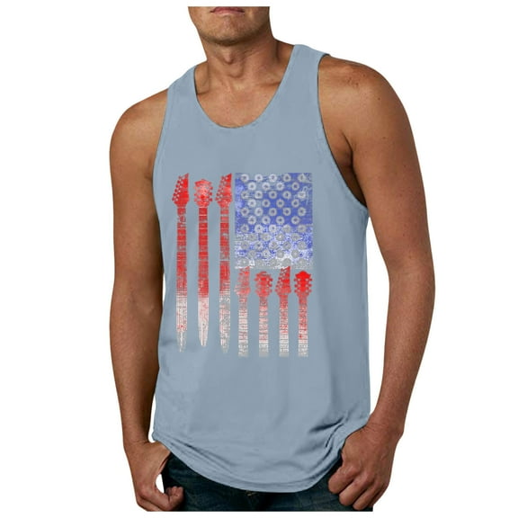 Caqnni Men 4th of July Tank Top American USA Flag Short Sleeved Shirt Patriotic Gym Workout Tee Clothes(Light Blue,XL)