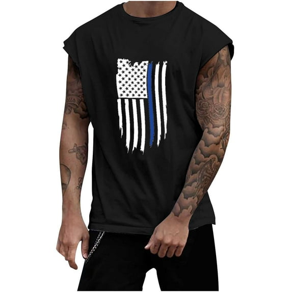 Caqnni American Flag Tank Tops for Men 4th of July Shirts Patriotic Short Sleeved Muscle Tees Workout Shirts(Black,M)