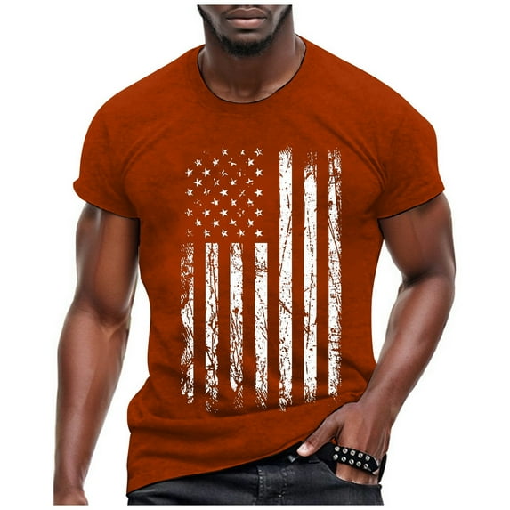 Caqnni Men American Flag Patriotic T Shirt 4th of July Round Neck Short Sleeve Orange,L)