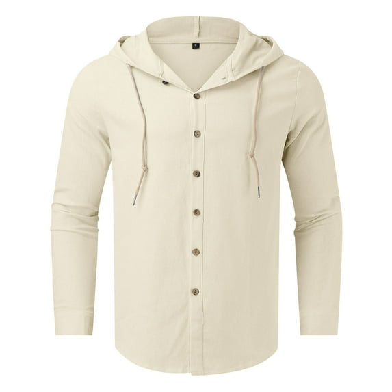 Caqnni Men Cotton Linen Shirts with Hood Casual V Neck Long Sleeve Hooded Sweatshirts Summer Button Hawaiian Shirt (Beige,M)
