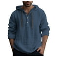 thumbnail image 1 of Caqnni Men Cotton Linen Shirts with Hood Casual V Neck Long Sleeve Hooded Sweatshirts Summer Button Hawaiian Shirt (Dark Blue,S), 1 of 4