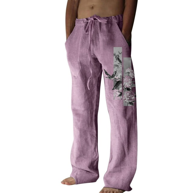 Caqnni Men Cotton Linen Trousers Casual Lightweight Loose Fit Drawstring Pants Summer Trousers with Pockets (Purple,M)