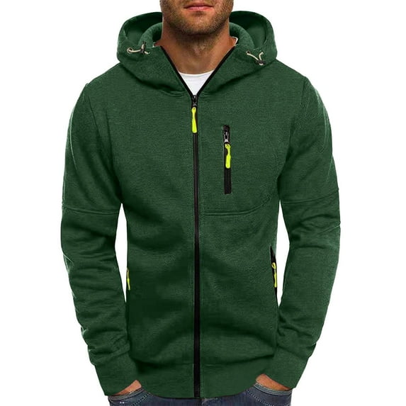 Caqnni Men Hoodies Casual Hoodies for Men with Zip Pockets Full Zip Long Sleeve Sweatshirt Sports Color Block Hooded (XL,Green)
