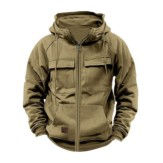 Caqnni Men Hoodies,Full Zip Jacket Coat Long Sleeve Oversized Hoodies Fall Winter Solid Cardigan Outdoor Sweatshirt (L,Khaki)