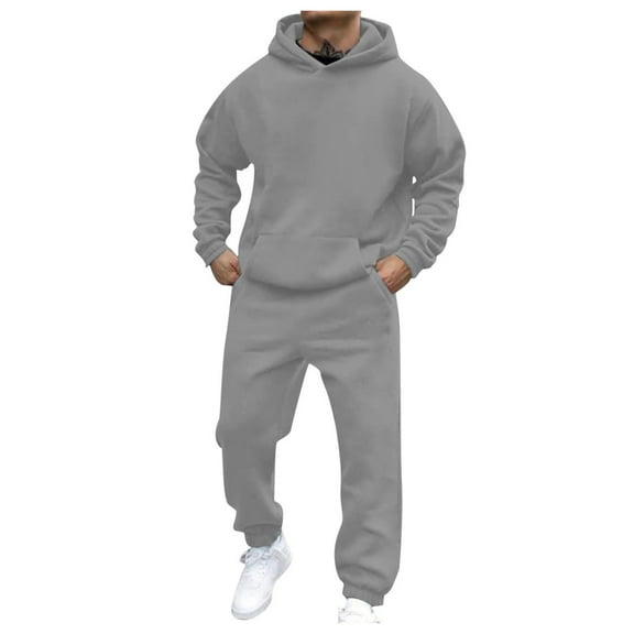 Caqnni Men Men Tracksuit 2 Piece Gym Solid Color Outfits For Men Sweatsuits Wear Men Kangaroo Pocket Hoodie And Jogging Bottoms S-M-L-XL-XXL-XXXL (Gray,S)