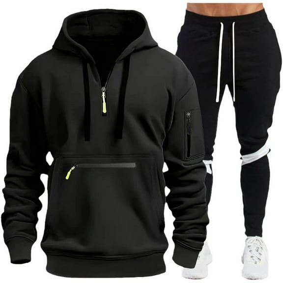 Caqnni Men's 2 Pieces Tracksuits Running Sports Suits Drawstring Waistband Sweatsuit Athletic Running Jogging Suit Sets (Black,L)