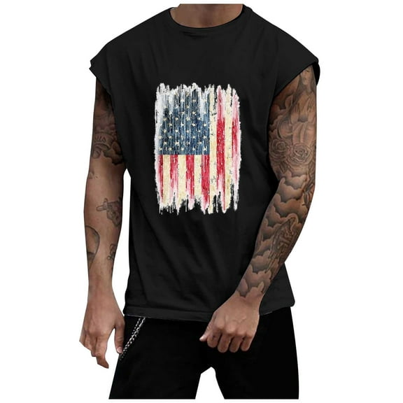 Caqnni Men's American Flag Tank Tops 1776 4th of July Shirts Casual Short Sleeved Gym Workout Tanks USA Flag Patriotic T-Shirts(Black,L)