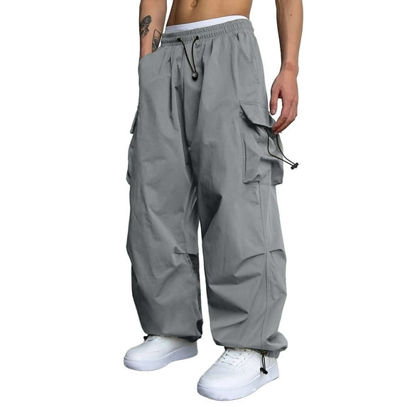 Caqnni Men's Baggy Sweatpants Parachute Pants Wide Leg Y2k Track Pants Cargo Joggers Cyber Streetwear (Grey,L)