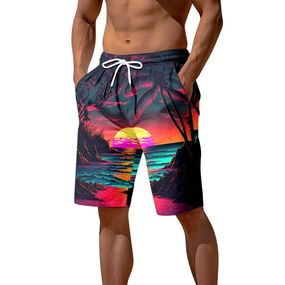 Caqnni Men's Beachwear Sports Surfing Tropical Print Beach Shorts (Black,3XL)