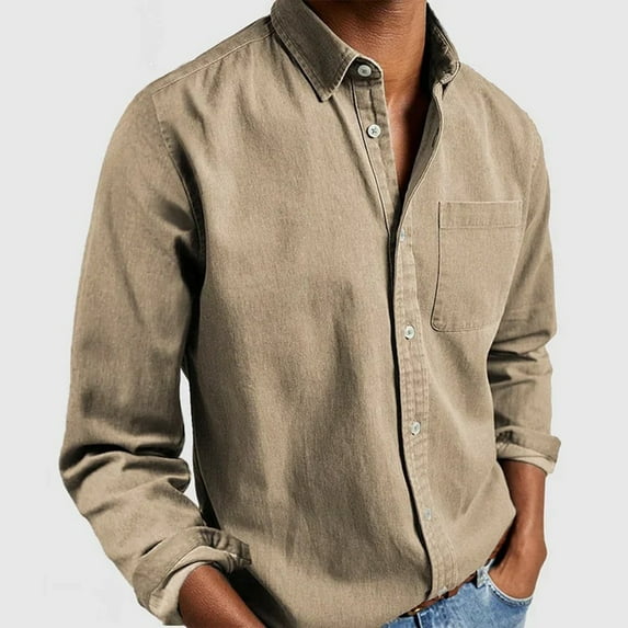 Caqnni Men's Business Dress Shirts Long Sleeve Regular Fit Dress Shirt Textured Casual Button Down Shirts (Khaki,L)