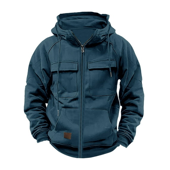 Caqnni Men's Cargo Hoodies Full Zip Sweatshirts Cargo Pullover Casual Gym Athletic Loose Hooded Sweatshirts Cargo Coat (S,Dark Blue)