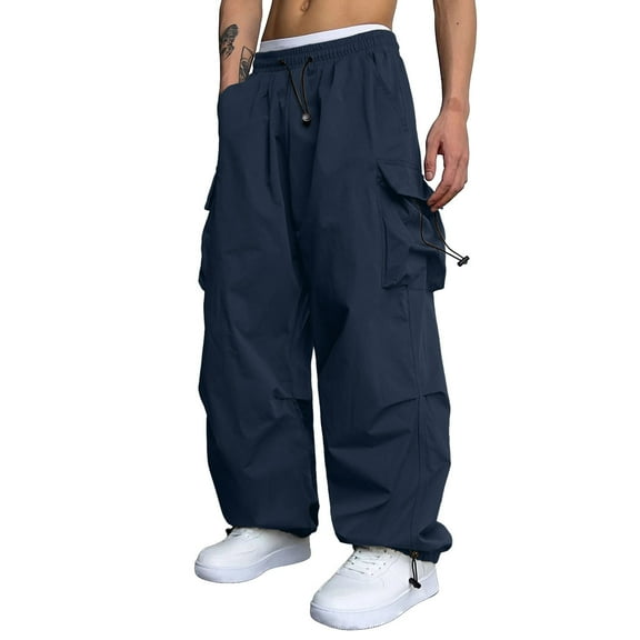 Caqnni Men's Cargo Pants Y2k Baggy Parachute Pants Cool Lightweight Sweatpants Goth Streetwear Pants (Dark Blue,S)