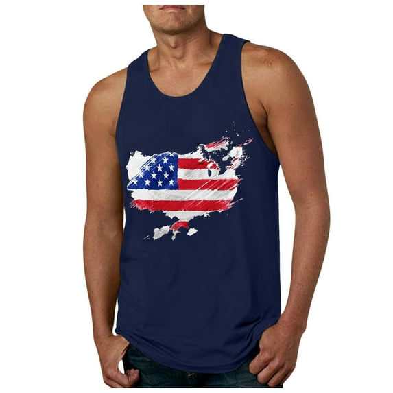 Caqnni Men's Casual American Flag Print Sleeveless Tank Tops Sportswear Muscle Patriotic Tees (Dark Blue,3XL)