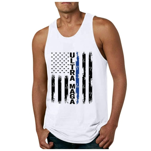 Caqnni Men's Casual American Flag Tank Tops 4th July Independence Day USA Flag Short Sleeved T-Shirt Gym Workout Patriotic Tees (White,M)
