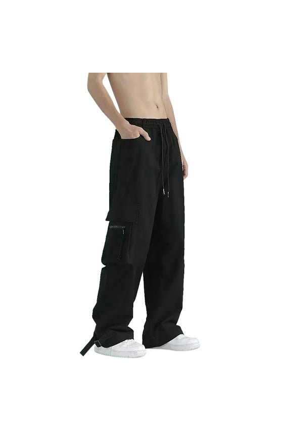 Men's Casual Cargo Pants Drawstring Elastic Waist Hiking Pants Workout Joggers Sweatpants Streetwear Trousers for Men (Black,L)