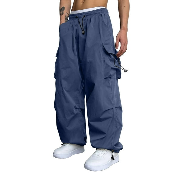 Caqnni Men's Casual Cargo Parachute Pants Drawstring Elastic Waist Flap Pocket Street Baggy Jogger Casual Trousers (Navy,XL)