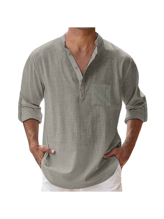 Mens V Neck Cotton Linen Henley Shirts Long Sleeve Banded Collar T ...