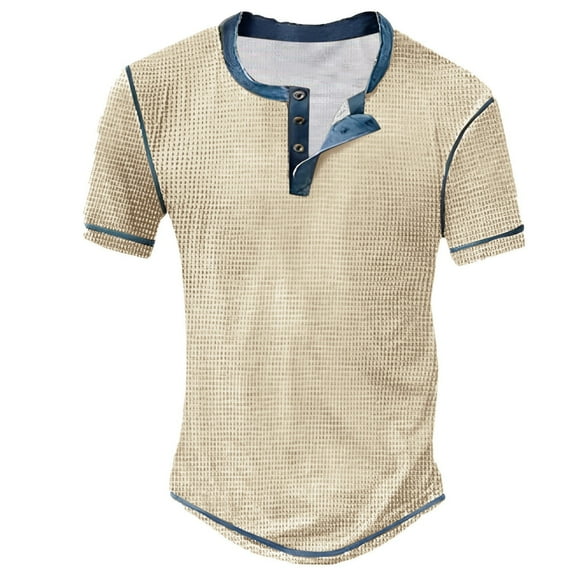 Caqnni Men's Casual Henley Shirts Band Collar Short Sleeve Beach T Shirts Fashion Shirts (Grey,M)