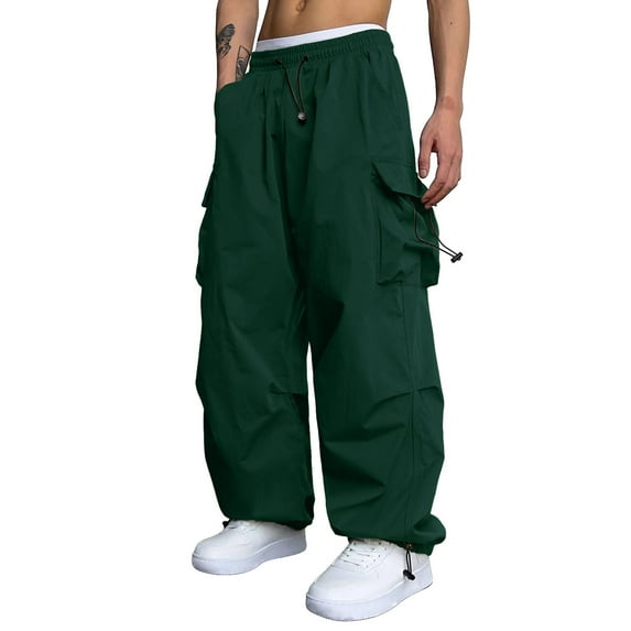 Caqnni Men's Casual Parachute Cargo Pants Baggy Casual Pants Elastic Waist Drawstring Street Trousers with Pockets (Dark Green,S)