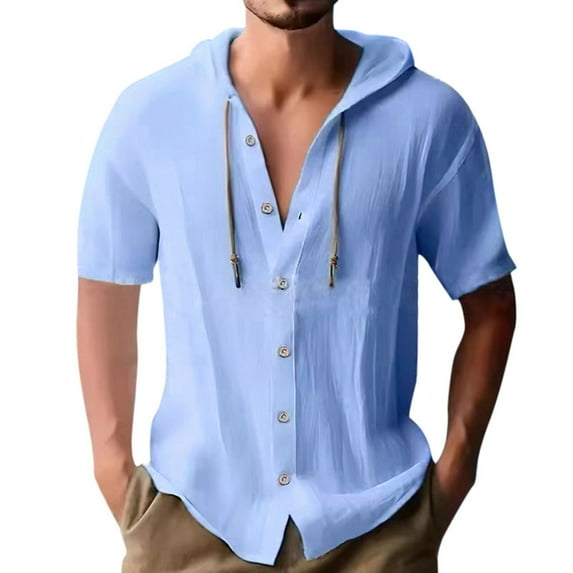 Caqnni Men's Casual Shirt Band Collar Long Sleeve Shirt Summer Beach Shirt (Blue,M)