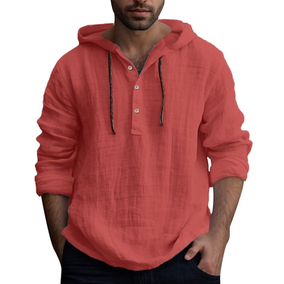 Caqnni Men's Casual Shirt Band Collar Long Sleeve Shirt Summer Beach Shirt (Red,L)