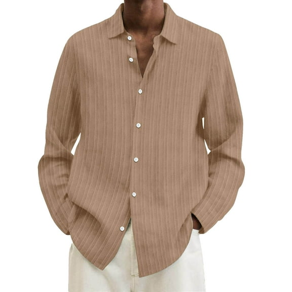 Caqnni Mens Linen Shirts Long Sleeve Casual Cotton Shirt Regular-Fit Lightweight Beach Yoga Tops (Brown,M)