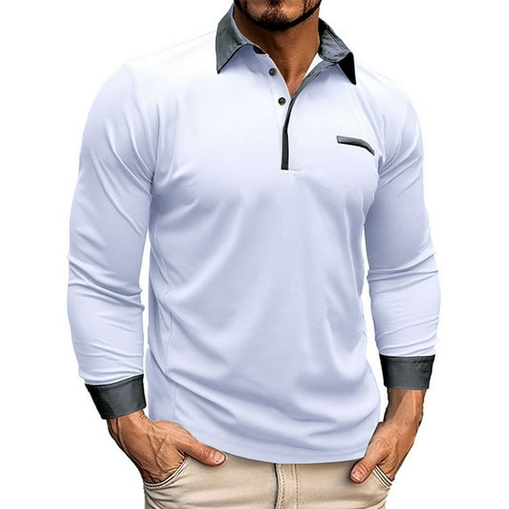 Caqnni Men's Casual Solid Golf Shirts Outdoor Long Sleeve Fall Winter Polo Shirt with Pocket (Z03-White,XXL)