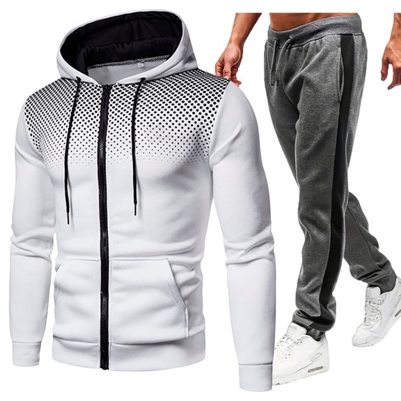 Caqnni Men's Casual Tracksuit Long Sleeve Sweat Suit Running Jogging Athletic Sports Set Athletic Running Jogging Suit Sets (White,S)