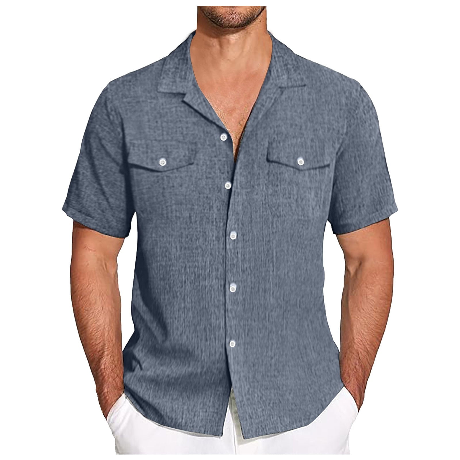 Caqnni Men's Classic Linen Short Sleeve Casual Shirt - Loose Linen Tee ...