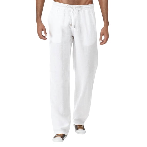 Caqnni Men's Comfy Cotton Linen Pants Drawstring Elastic Waist Lightweight Beach Pants Comfortable Soft Casual Trousers (Z03-White,3XL)