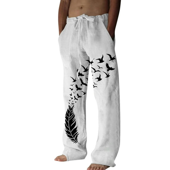 Caqnni Men's Cotton Linen Beach Pants Drawstring Wide Leg Pants Breathable Comfortable Soft Pants Casual Elastic Waist Full Length Trousers (White,3XL)
