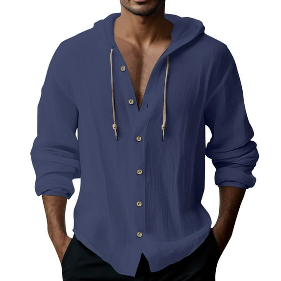 Caqnni Men's Cotton Linen Hoodies Casual Button Down Long Sleeve Hooded Shirt Beach T shirt (Dark Blue,XXL)