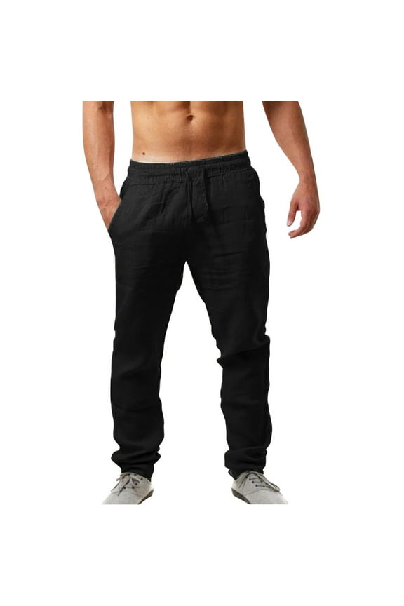 Men's Cotton Linen Pants Causal Harem Pants Elastic Waist Beach Boho Yoga Trousers (Black,XL)